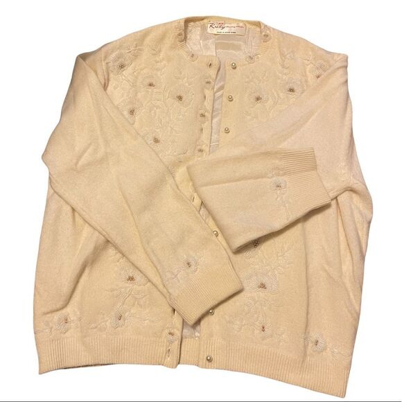 Vintage 1950’s Ruby Beading Co. Hand Beaded Cottage Cardigan Size Small - Picture 1 of 14